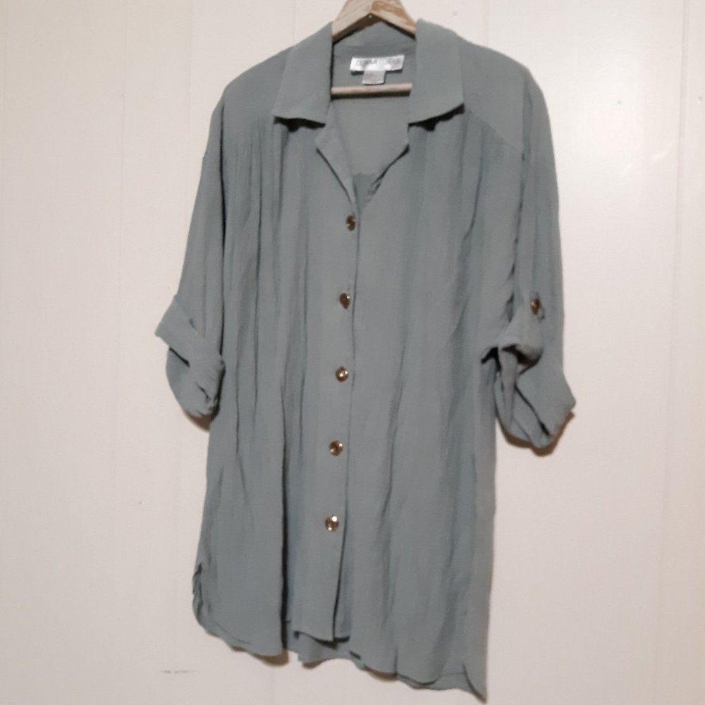 Vintage DONNA TORAN Womens Large Cardigan Top Grey textured button roll tab EUC
